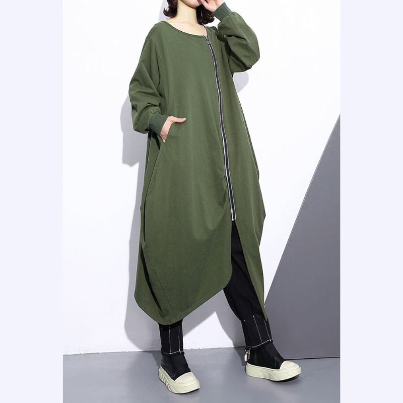 Mode Armee Grün Langen Mantel Übergröße O Neck Asymmetrische Design Outwear Reißverschluss Mäntel - schwarz