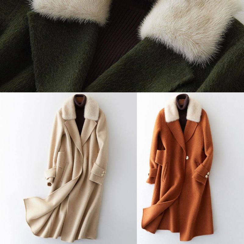 Mode Beige Wolle Oberbekleidung Übergroßen Lange Mäntel Pelz Kragen Kerb - Damen-Trenchcoats