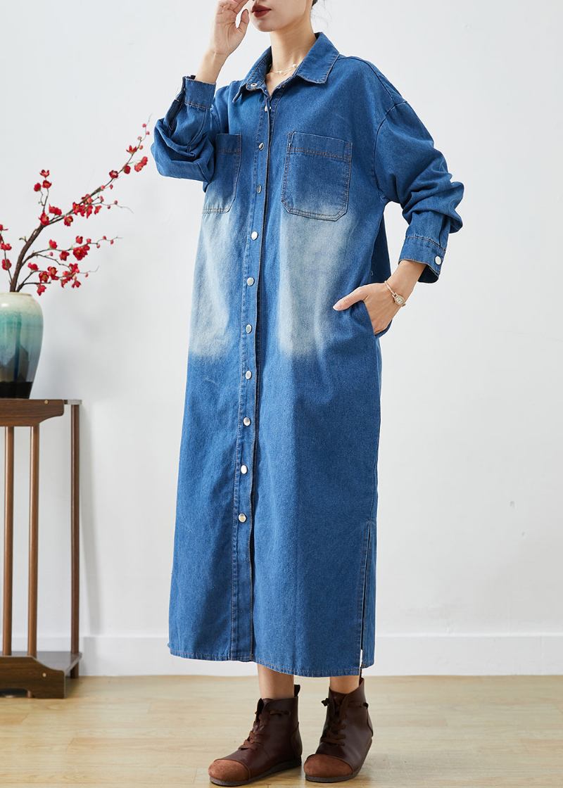 Mode Blau Button Down Seite Offen Denim Trenchcoats Herbst