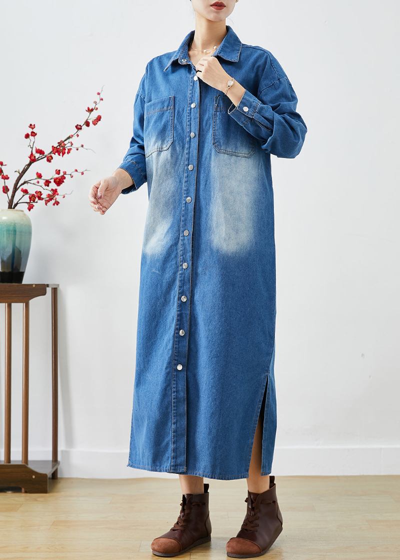 Mode Blau Button Down Seite Offen Denim Trenchcoats Herbst - Damen-Trenchcoats