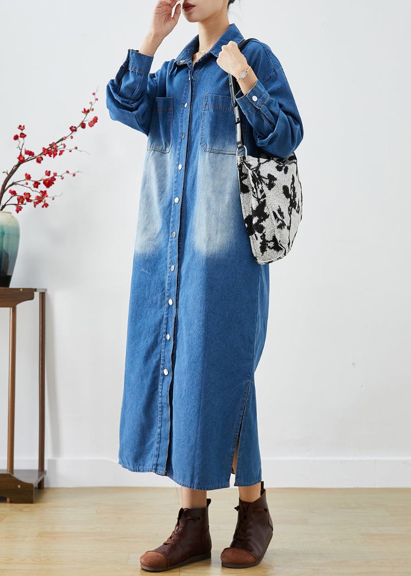 Mode Blau Button Down Seite Offen Denim Trenchcoats Herbst - Damen-Trenchcoats