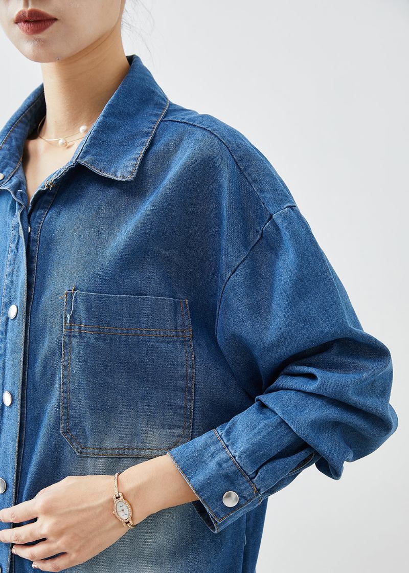 Mode Blau Button Down Seite Offen Denim Trenchcoats Herbst - Damen-Trenchcoats