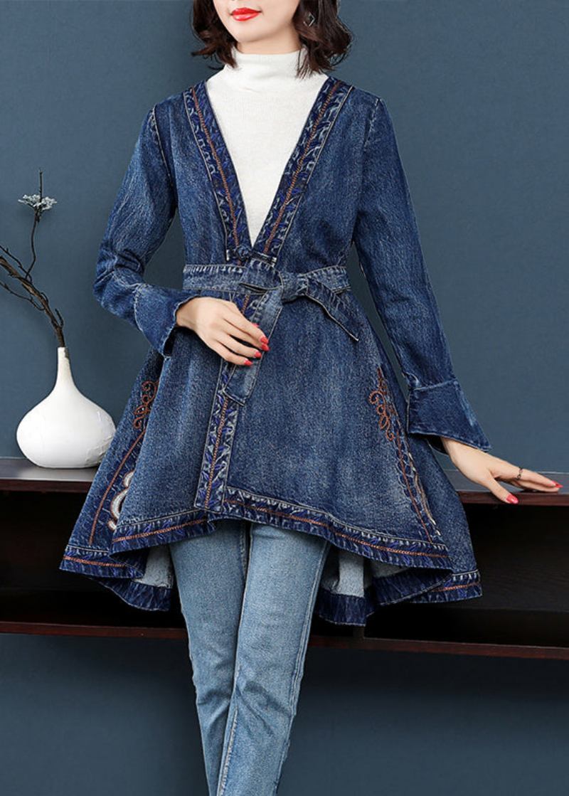 Mode Blau Low High Design V-ausschnitt Bestickte Baumwolle Denim Graben Mäntel Lange - Damen-Trenchcoats