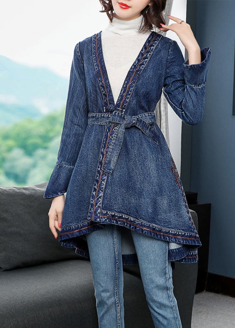 Mode Blau Low High Design V-ausschnitt Bestickte Baumwolle Denim Graben Mäntel Lange - Damen-Trenchcoats