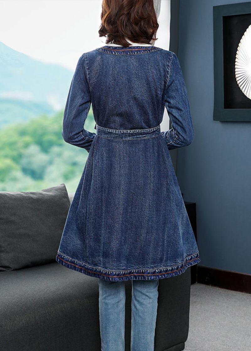 Mode Blau Low High Design V-ausschnitt Bestickte Baumwolle Denim Graben Mäntel Lange - Damen-Trenchcoats