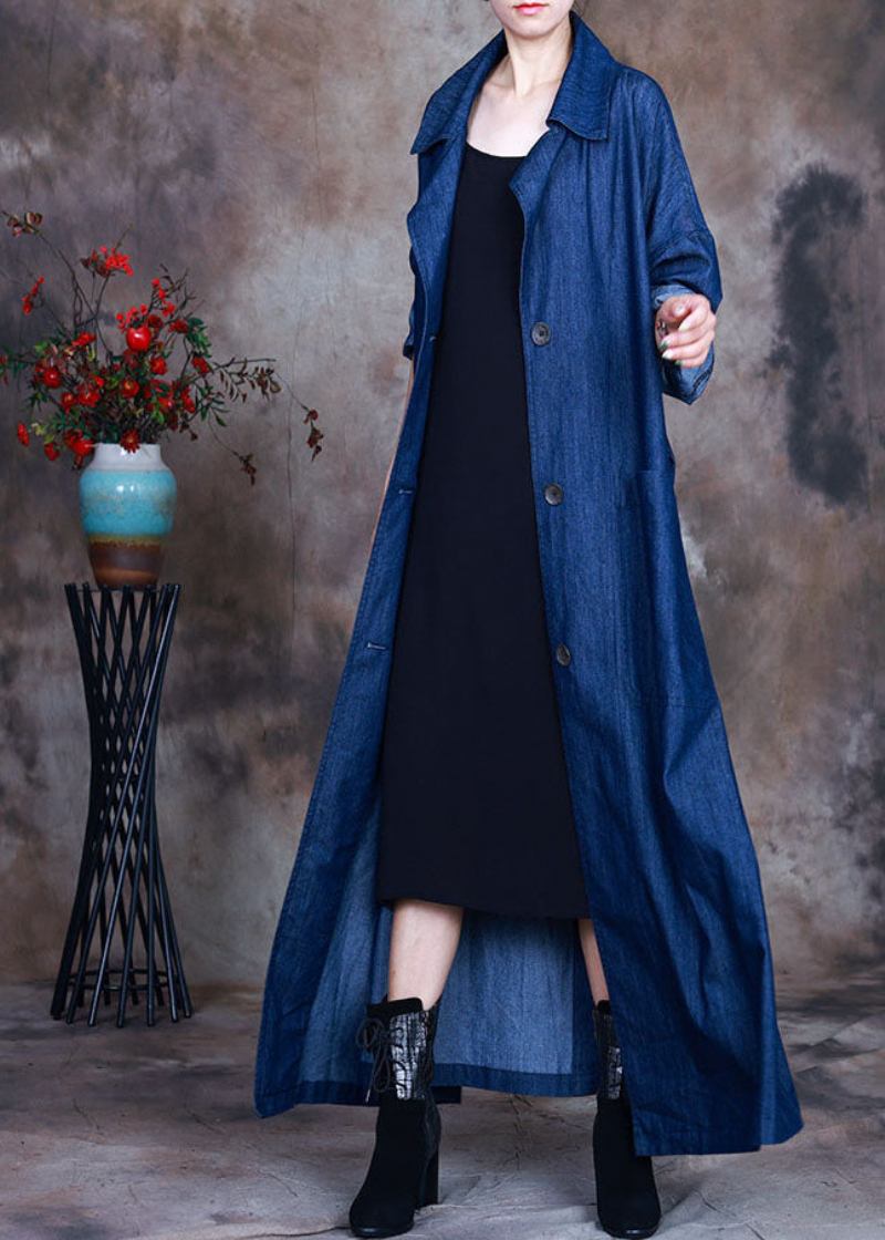 Mode Blau Taste Krawatte Taille Peter Pan Kragen Baumwolle Denim Graben Mäntel - Damen-Trenchcoats