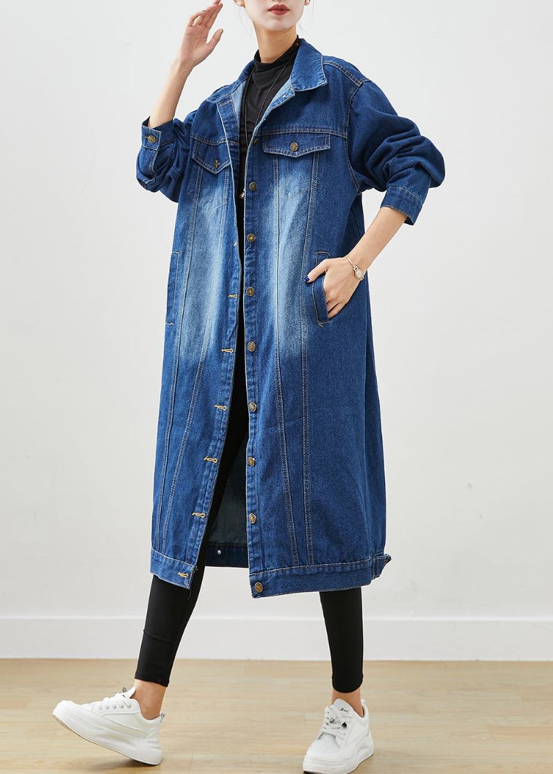 Mode Blau Übergroßen Button-down Denim Trenchcoat Herbst