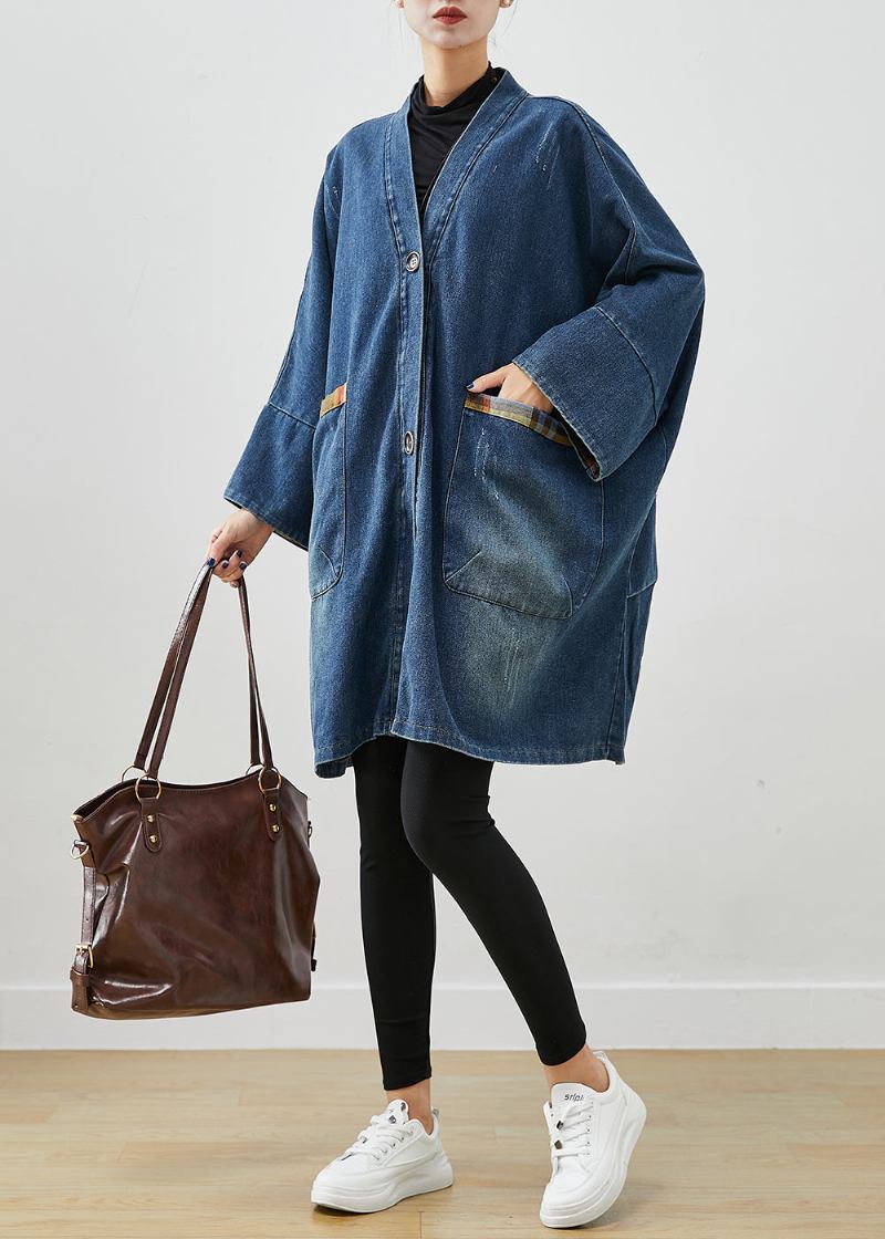 Mode Blau Übergroßen Patchwork Denim Mäntel Herbst - Damen-Trenchcoats