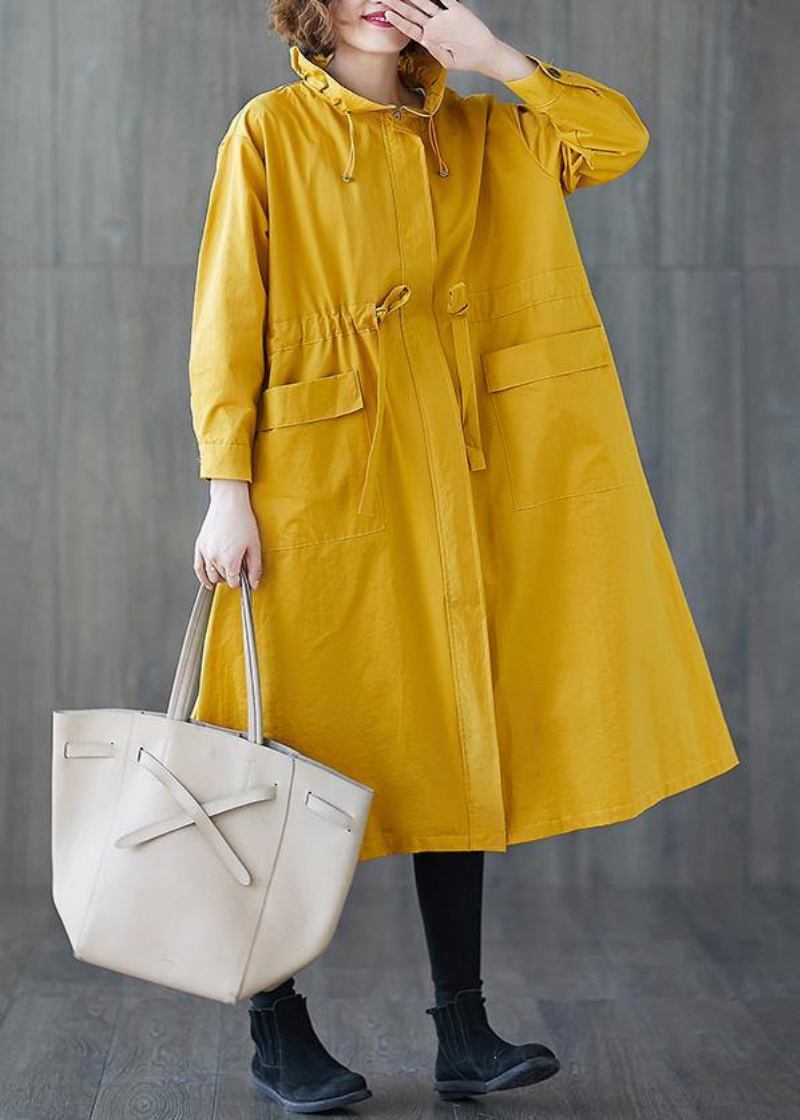 Mode Gelb Mantel Frauen Plus Größe Herbst Rüschen Kordelzug Reißverschluss - Damen-Trenchcoats