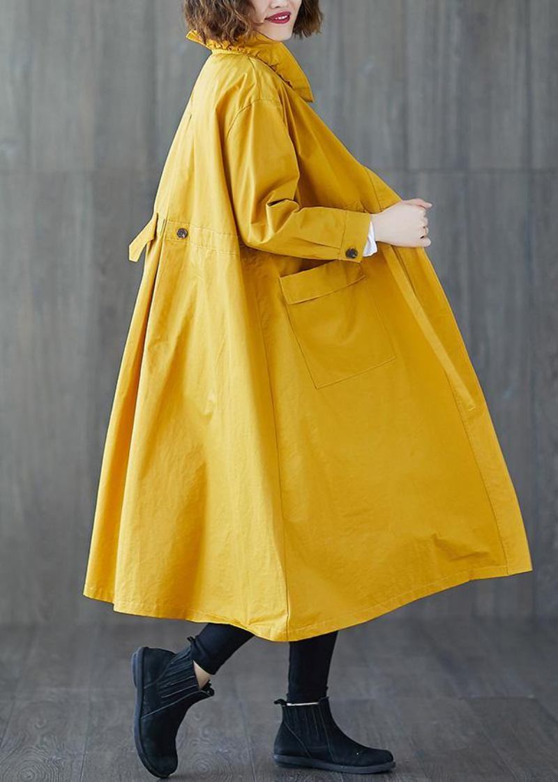 Mode Gelb Mantel Frauen Plus Größe Herbst Rüschen Kordelzug Reißverschluss - Damen-Trenchcoats