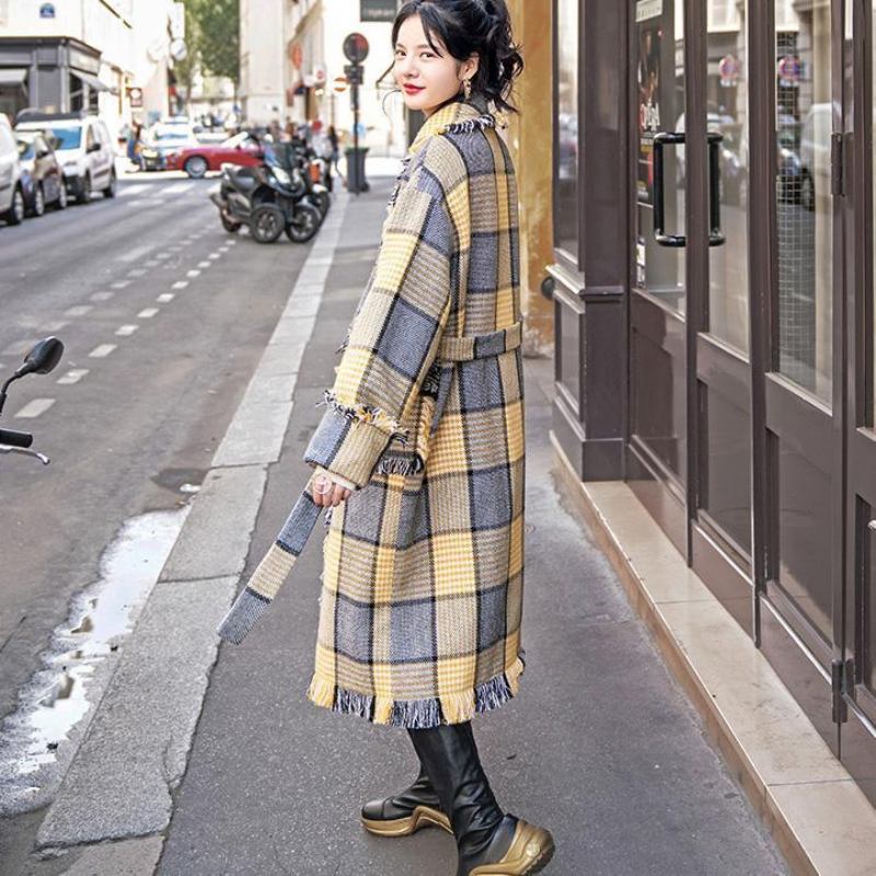 Mode Gelb Plaid Mäntel Casual Kerb Outwear Taschen Quaste - Damen-Trenchcoats