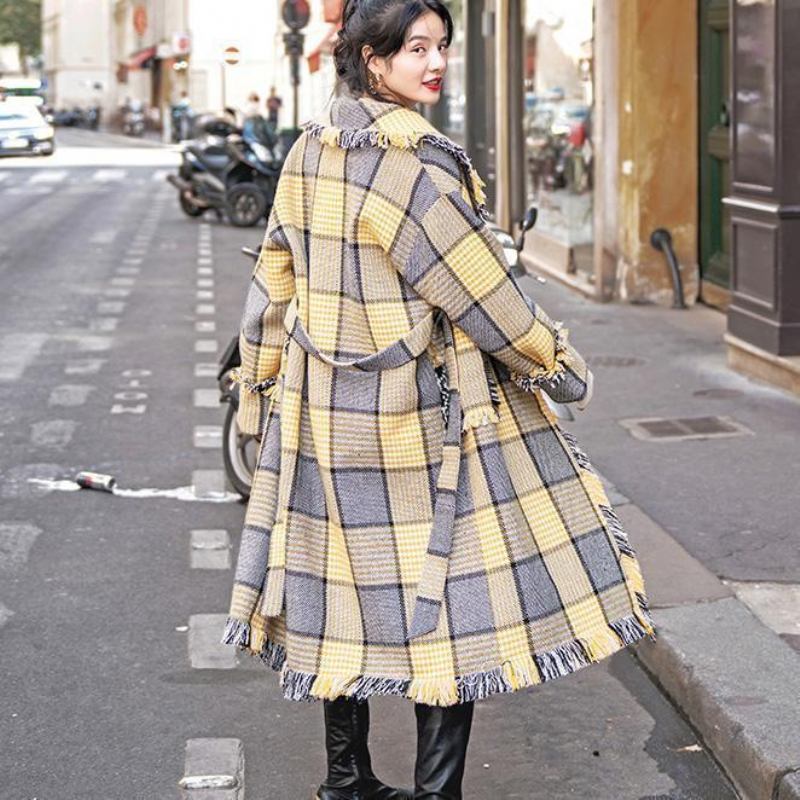 Mode Gelb Plaid Mäntel Casual Kerb Outwear Taschen Quaste - Damen-Trenchcoats