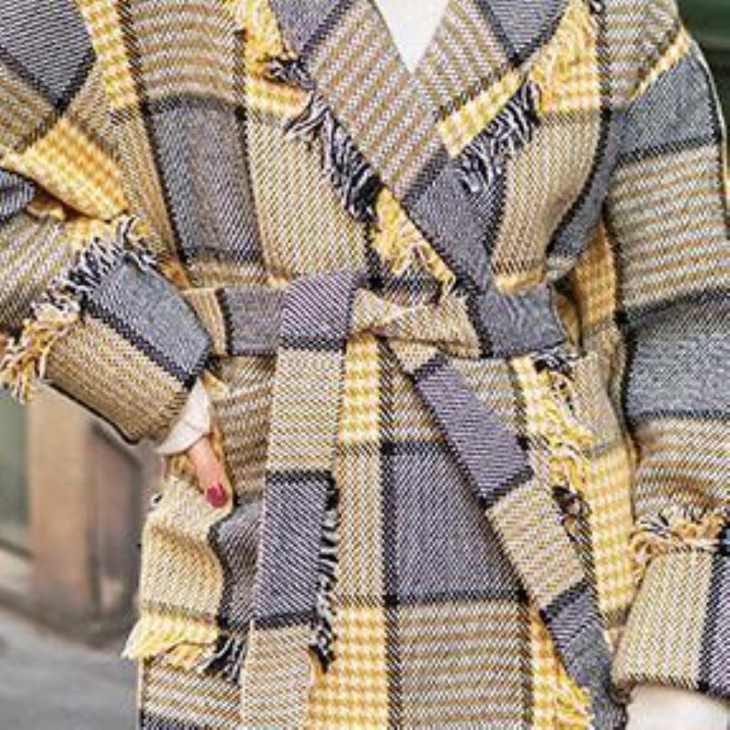 Mode Gelb Plaid Mäntel Casual Kerb Outwear Taschen Quaste - Damen-Trenchcoats