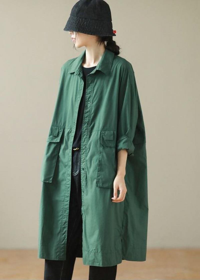 Mode Grün Übergroße Große Taschen Baumwolle Mäntel Frühling - Damen-Trenchcoats