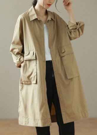 Mode Khaki Peter Pan Kragen Mid Trenchcoats Lange Ärmel