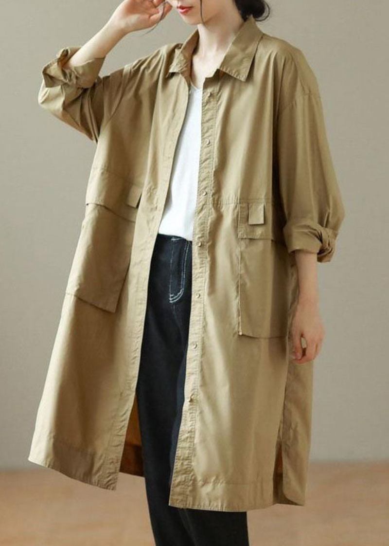 Mode Khaki Peter Pan Kragen Mid Trenchcoats Lange Ärmel - Khaki