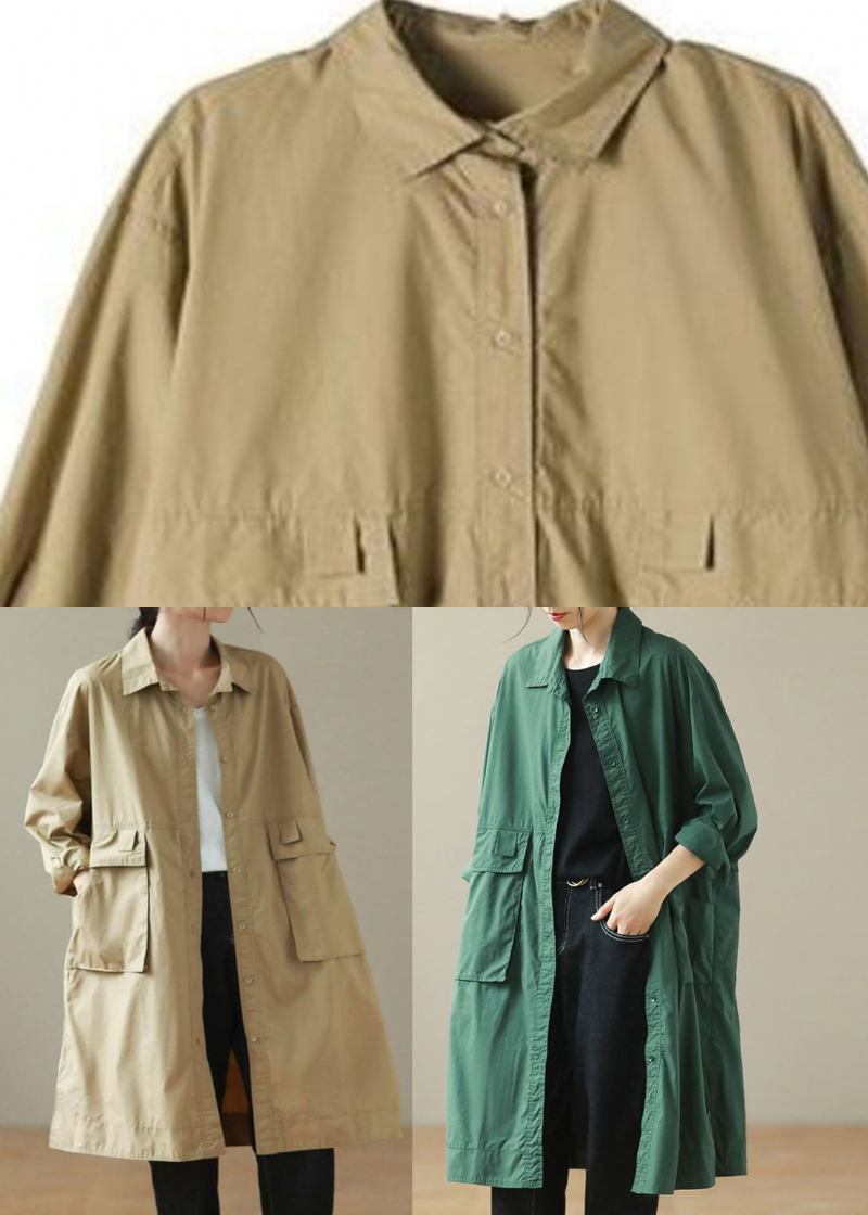 Mode Khaki Peter Pan Kragen Mid Trenchcoats Lange Ärmel - Khaki