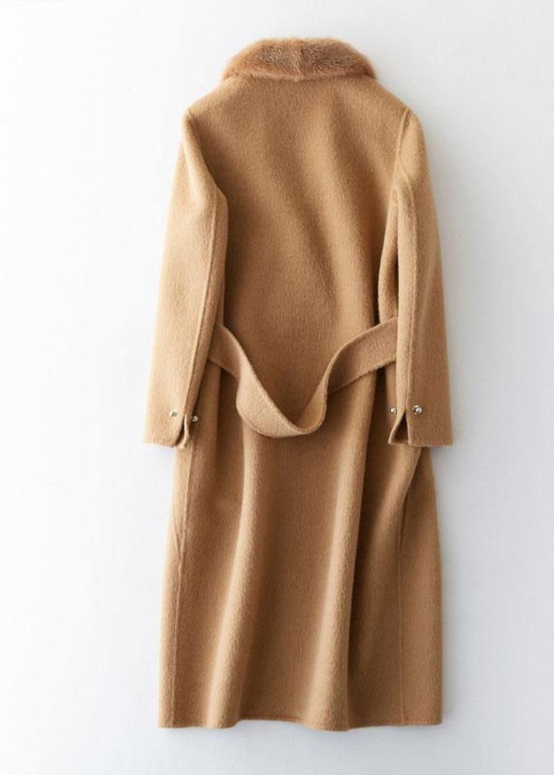 Mode Khaki Wollmäntel Lässig Wintermantel Pelzkragen Jacken Binden Taille - Damen-Trenchcoats