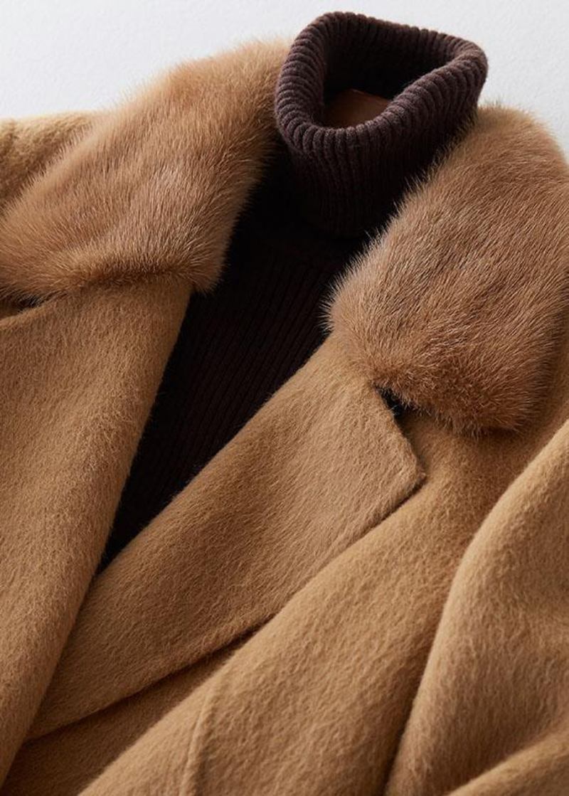 Mode Khaki Wollmäntel Lässig Wintermantel Pelzkragen Jacken Binden Taille - Damen-Trenchcoats