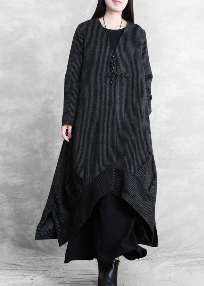 Mode Locker Sitzende Trenchcoat Schwarz Gestreift V-ausschnitt Patchwork Wollmäntel Frauen