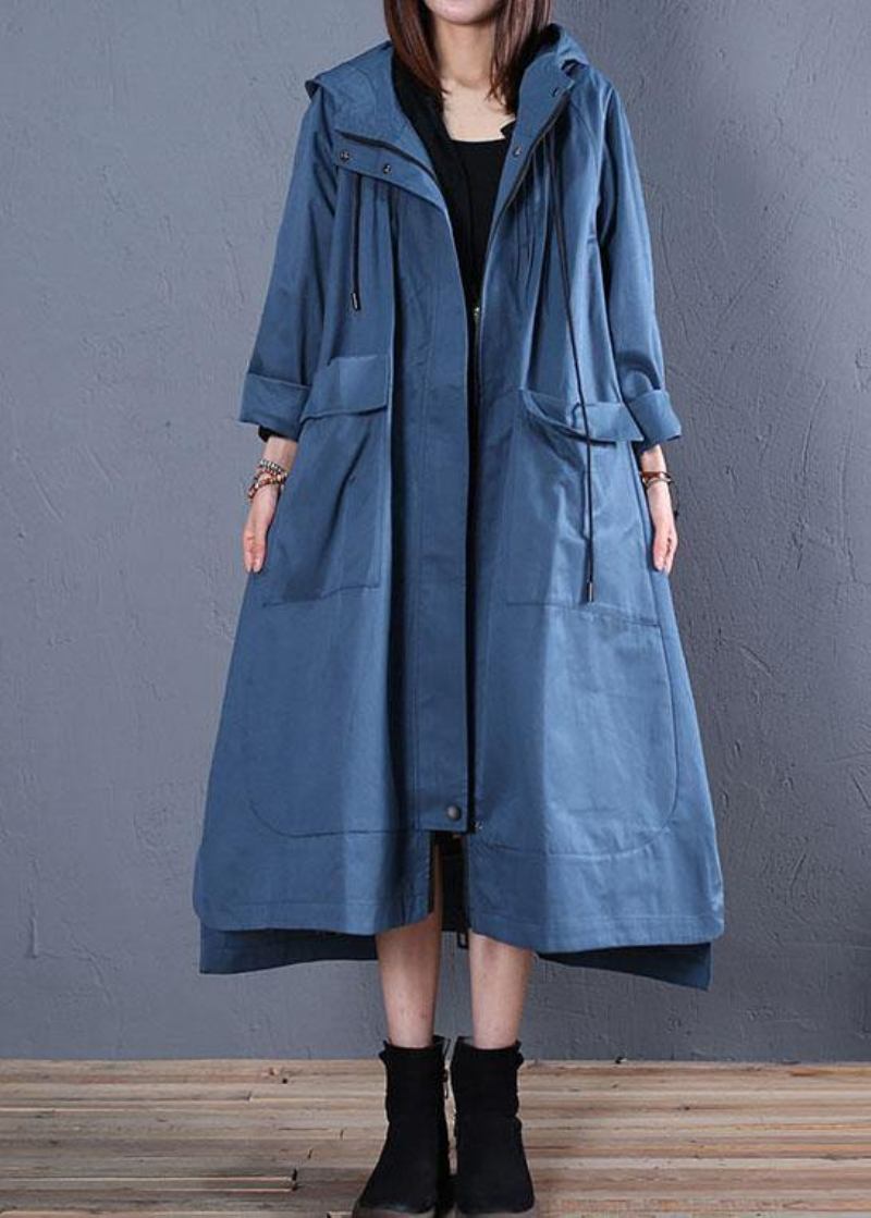 Mode Plus Größe Herbst Blau Kapuzenmäntel Low High Design Mantel - Damen-Trenchcoats