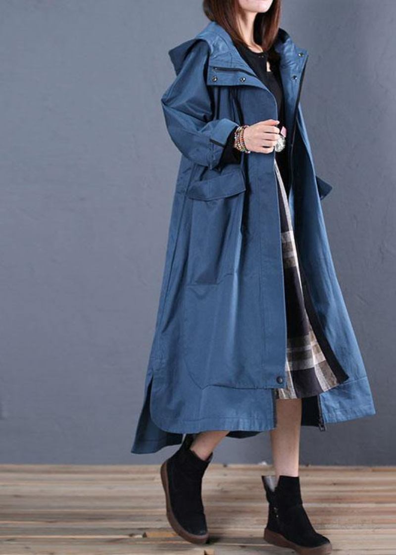 Mode Plus Größe Herbst Blau Kapuzenmäntel Low High Design Mantel - Damen-Trenchcoats