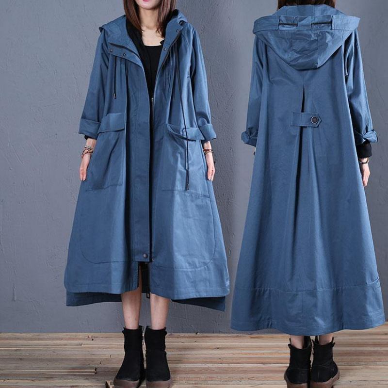 Mode Plus Größe Herbst Blau Kapuzenmäntel Low High Design Mantel - Damen-Trenchcoats