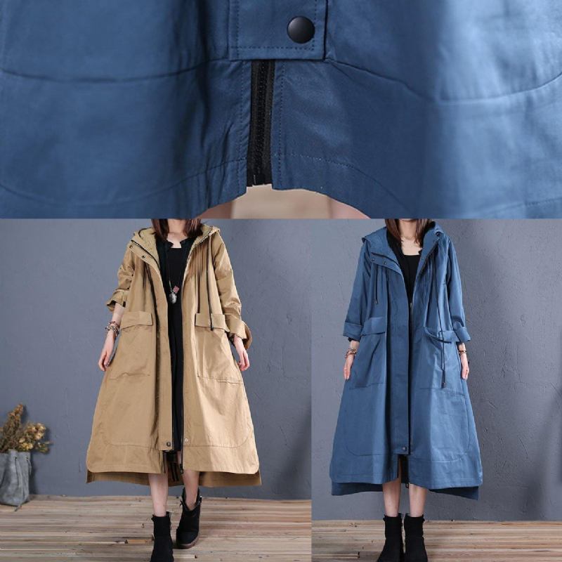 Mode Plus Größe Herbst Blau Kapuzenmäntel Low High Design Mantel - Damen-Trenchcoats