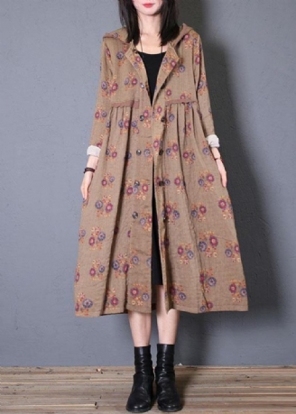 Mode Übergroßen Mantel Herbst Khaki Druck Kapuze Cinched Coats