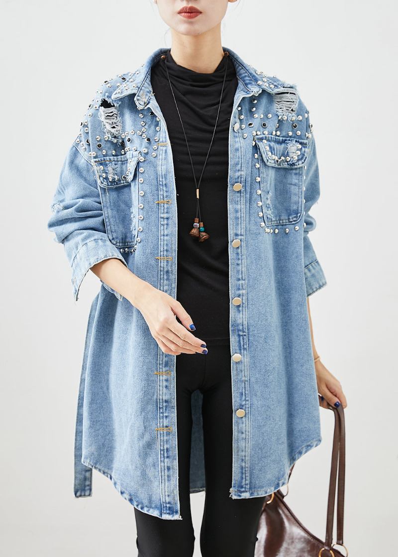 Moderne Denim Blau Nieten Baumwolle Zerrissene Mäntel Herbst - Damen-Trenchcoats