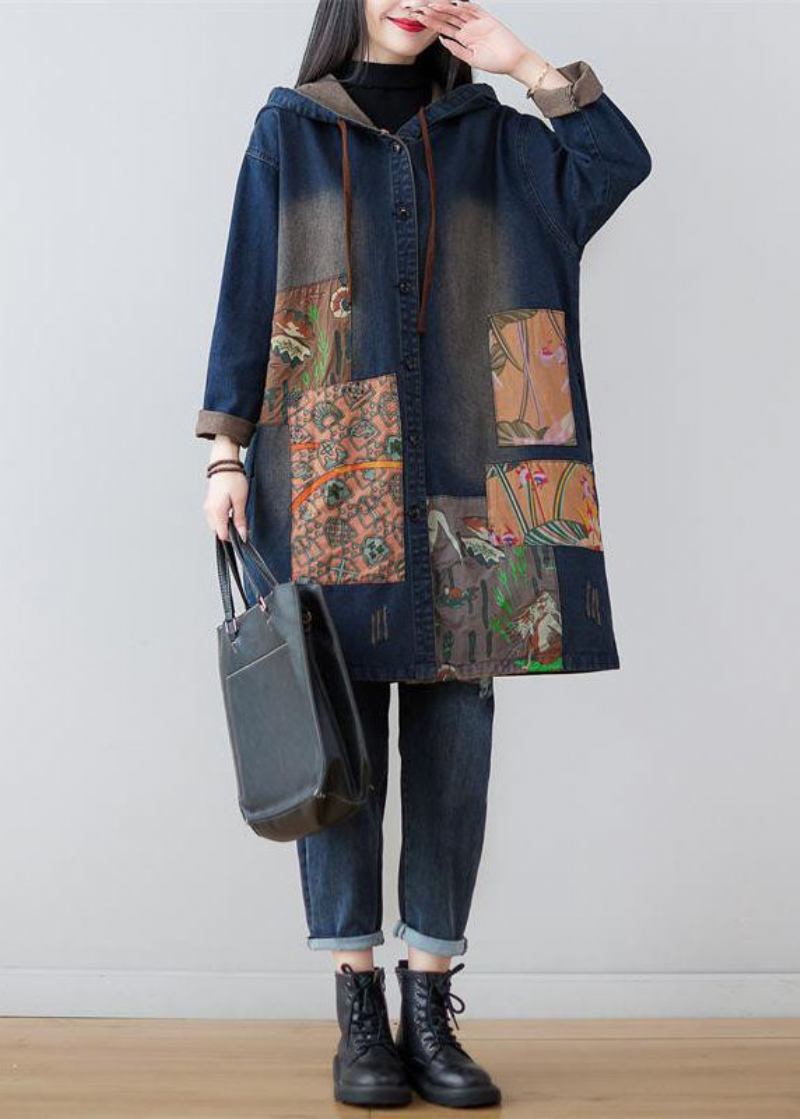 Moderne Marine Kapuze Patchwork Print Denim Mäntel Frühling