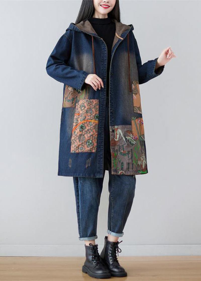 Moderne Marine Kapuze Patchwork Print Denim Mäntel Frühling - Damen-Trenchcoats