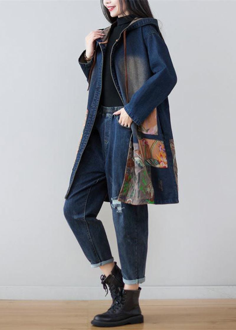 Moderne Marine Kapuze Patchwork Print Denim Mäntel Frühling - Damen-Trenchcoats