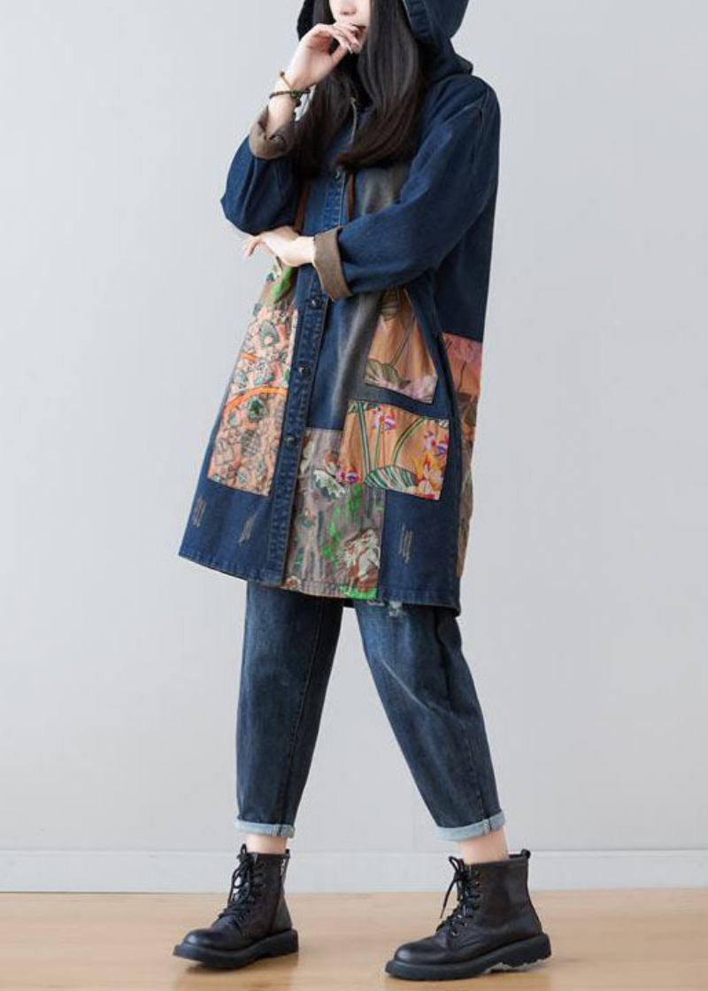 Moderne Marine Kapuze Patchwork Print Denim Mäntel Frühling - Damen-Trenchcoats