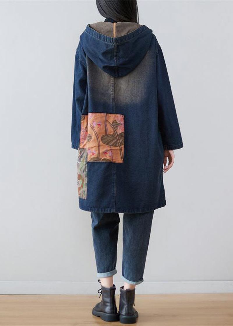 Moderne Marine Kapuze Patchwork Print Denim Mäntel Frühling - Damen-Trenchcoats