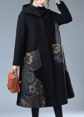 Moderne Schwarz Mit Kapuze Print Warm Fleece Wolle Trenchcoat Winter