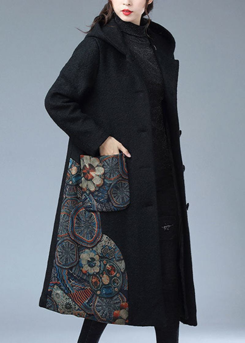 Moderne Schwarz Mit Kapuze Print Warm Fleece Wolle Trenchcoat Winter - Damen-Trenchcoats