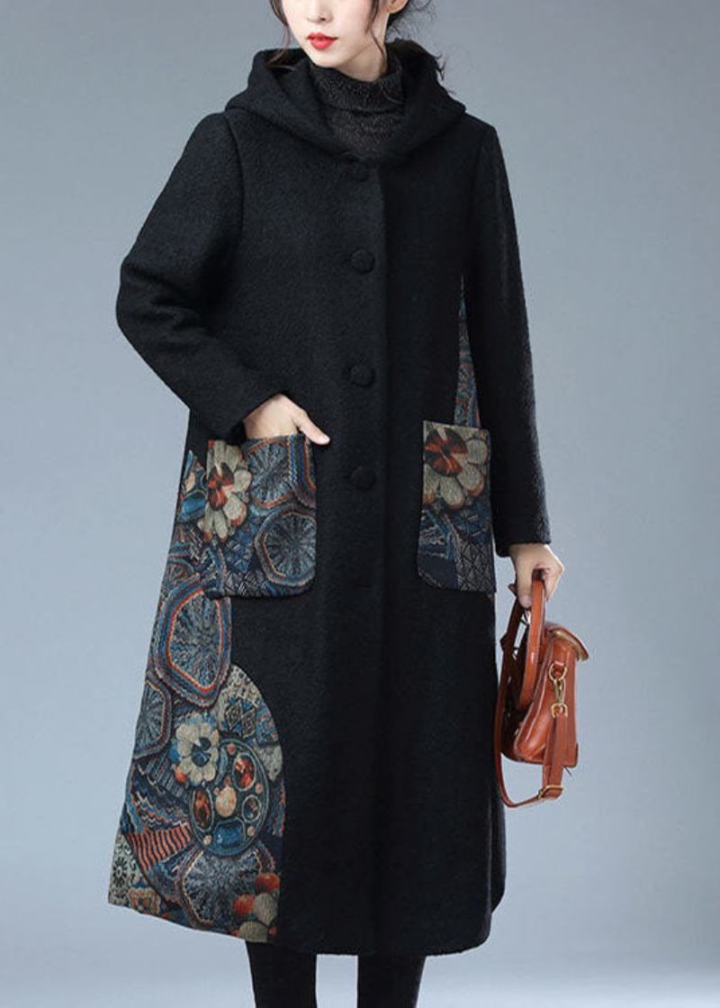 Moderne Schwarz Mit Kapuze Print Warm Fleece Wolle Trenchcoat Winter - Damen-Trenchcoats