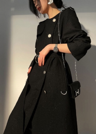 Moderne Schwarze O-ausschnitt Schärpen Original Design Woll Trenchcoat Langarm