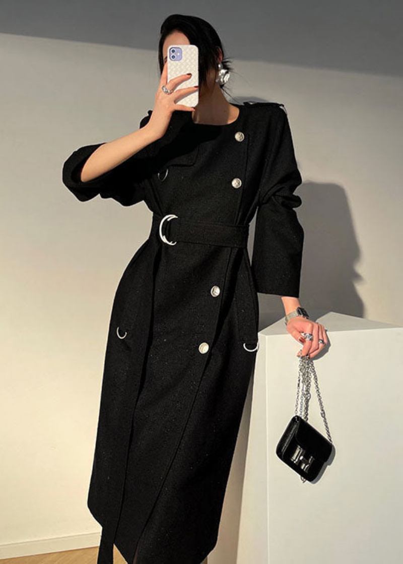 Moderne Schwarze O-ausschnitt Schärpen Original Design Woll Trenchcoat Langarm - Damen-Trenchcoats