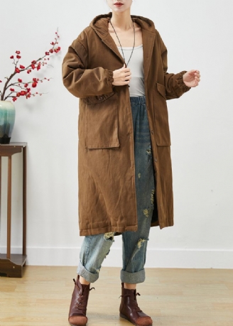 Moderner Brauner Baumwolltrenchcoat Mit Kapuze Und Taschen Frühling