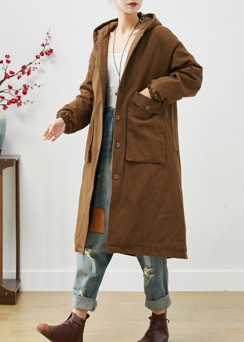 Moderner Brauner Baumwolltrenchcoat Mit Kapuze Und Taschen Frühling - Damen-Trenchcoats