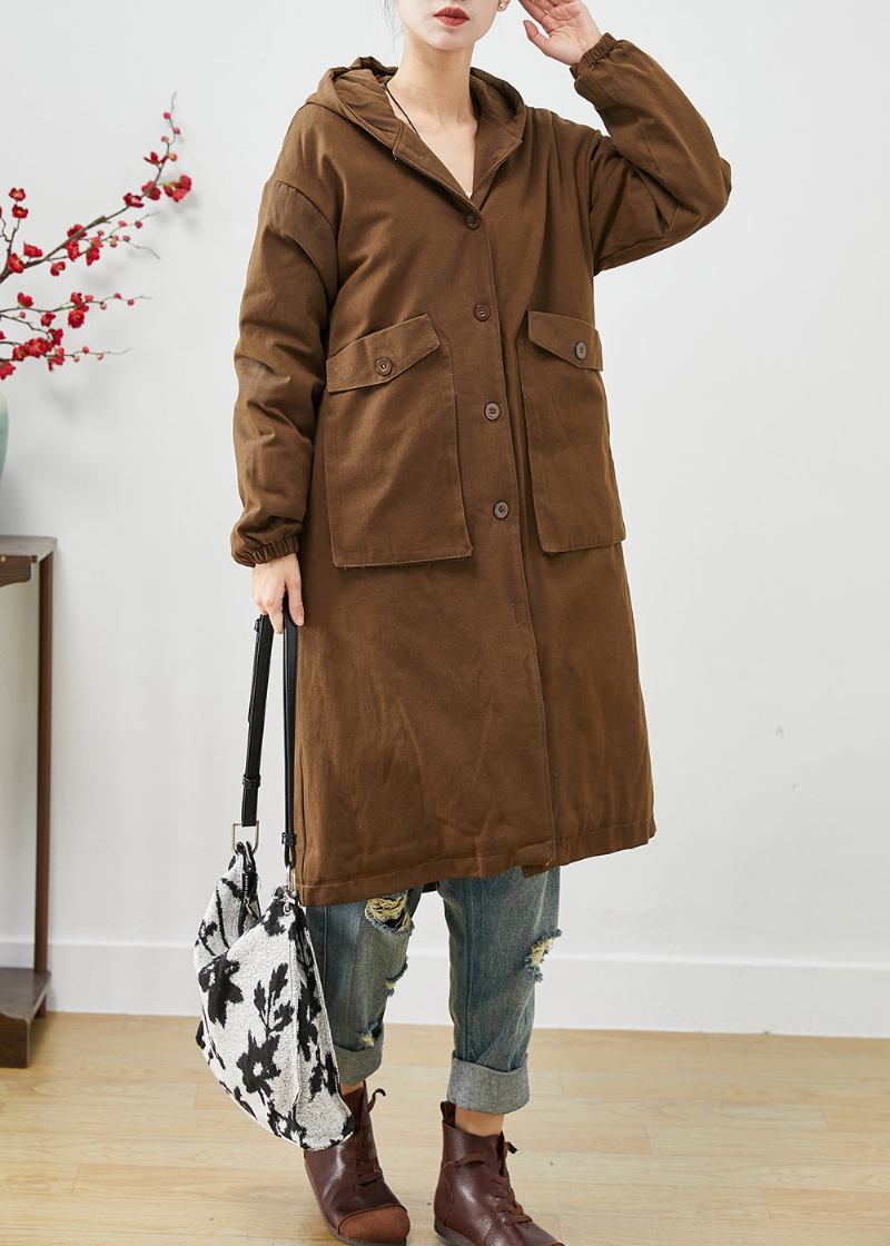 Moderner Brauner Baumwolltrenchcoat Mit Kapuze Und Taschen Frühling - Damen-Trenchcoats