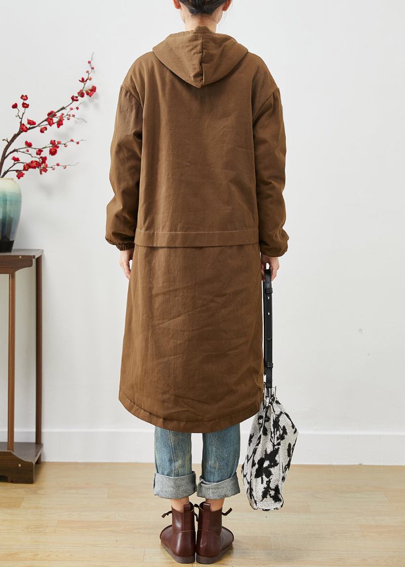 Moderner Brauner Baumwolltrenchcoat Mit Kapuze Und Taschen Frühling - Damen-Trenchcoats