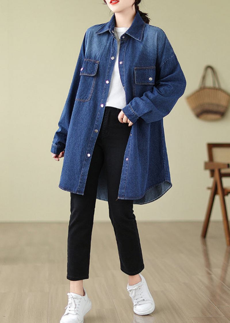 Moderner Denim Blau Übergroße Taschen Baumwollmantel Frühling - Damen-Trenchcoats