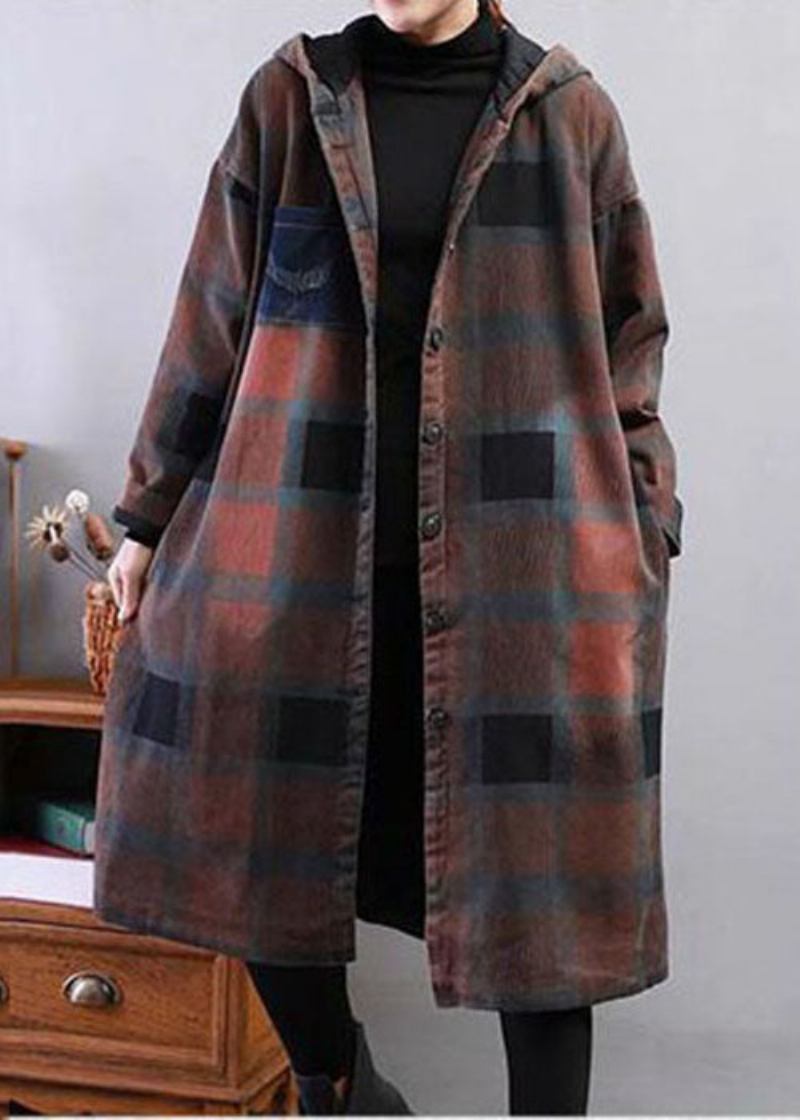 Moderner Khakifarbener Trenchcoat Mit Kapuze Und Karomuster Aus Feiner Baumwolle - Damen-Trenchcoats