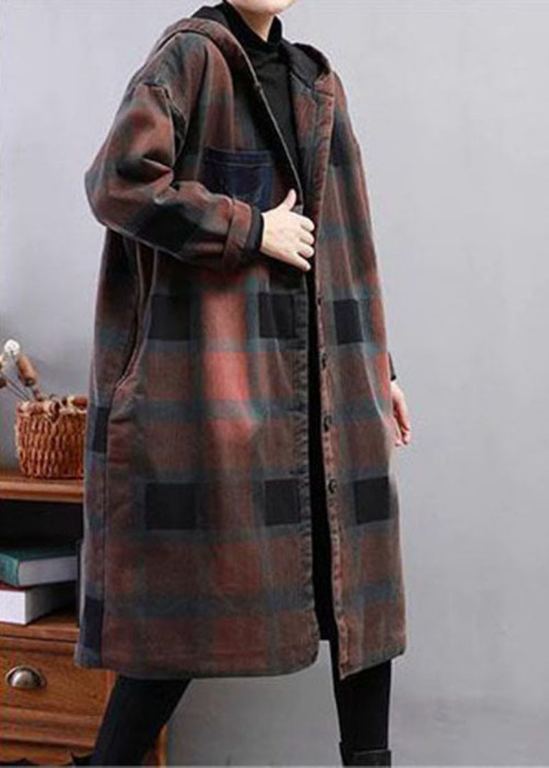 Moderner Khakifarbener Trenchcoat Mit Kapuze Und Karomuster Aus Feiner Baumwolle - Damen-Trenchcoats