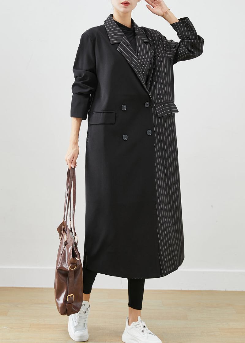 Moderner Schwarzer Asymmetrischer Gestreifter Spandex-trenchcoat - Damen-Trenchcoats