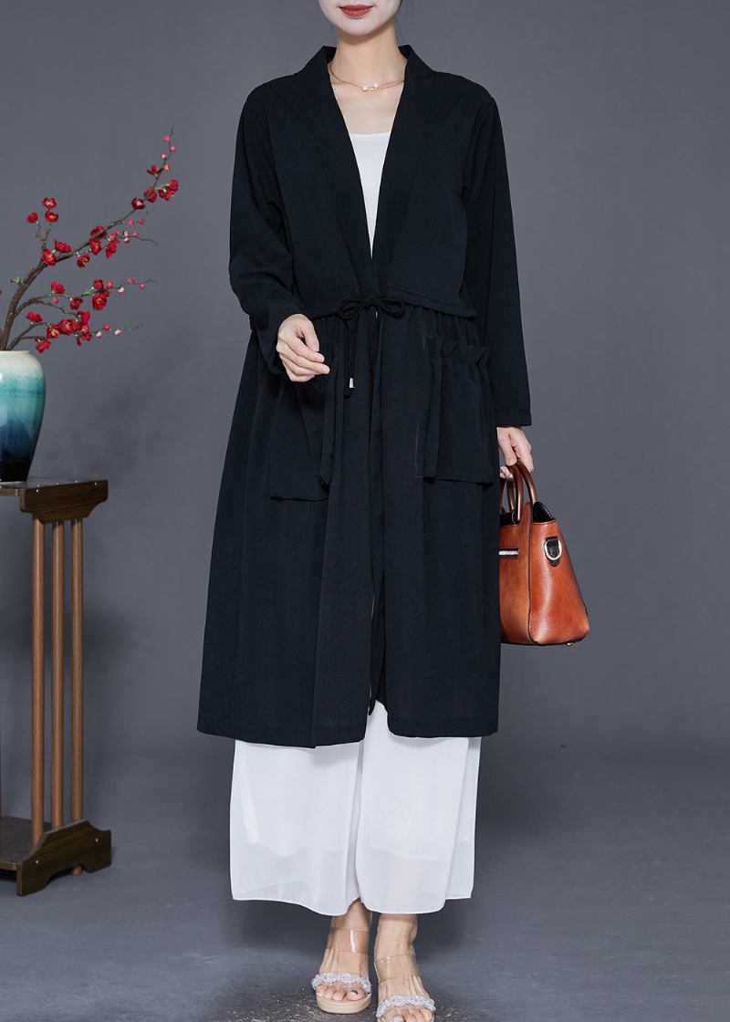 Moderner Schwarzer Trenchcoat Aus Baumwolle Mit Taschen Für Den Herbst - Damen-Trenchcoats