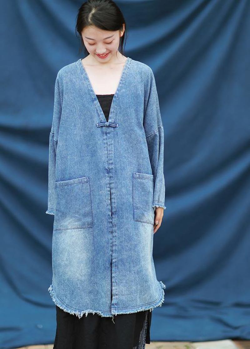 Modernes V-ausschnitt-steppkleid Mit Stickerei In Jeansblau - Damen-Trenchcoats